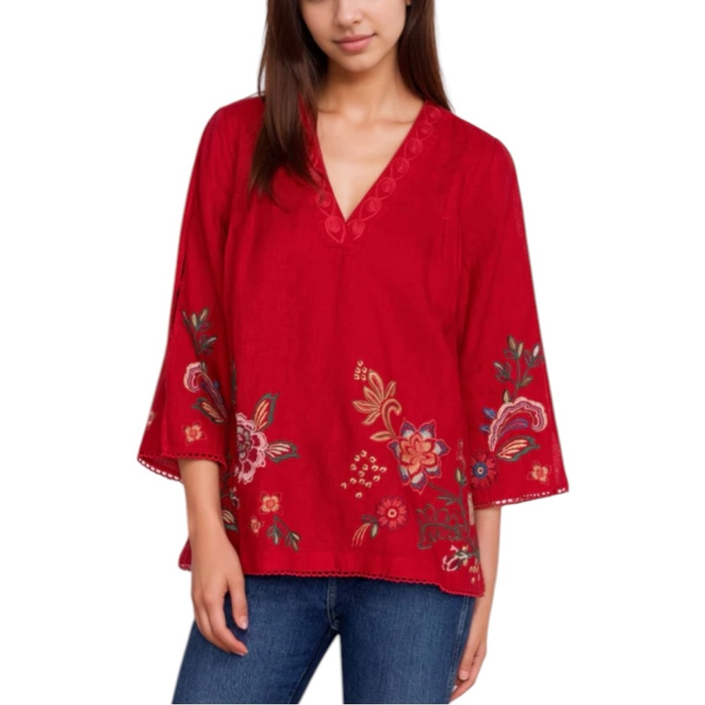 JOHNNY WAS Messine V-Neck Top With Slit Sides Red Linen Medium NWT